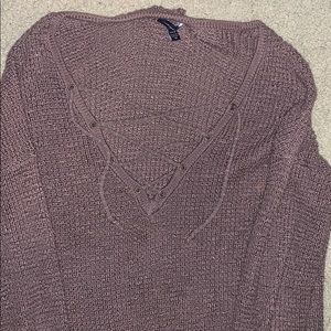 Brown V-neck Sweater with Lace Up Detailing